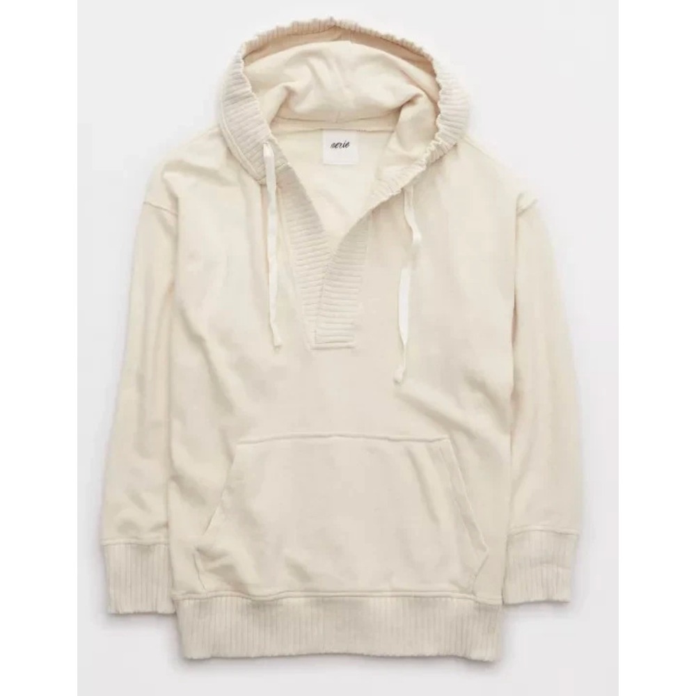 Aerie Down to Earth Oversized V Neck Hoodie Crisp White Kangaroo Pocket Womens L